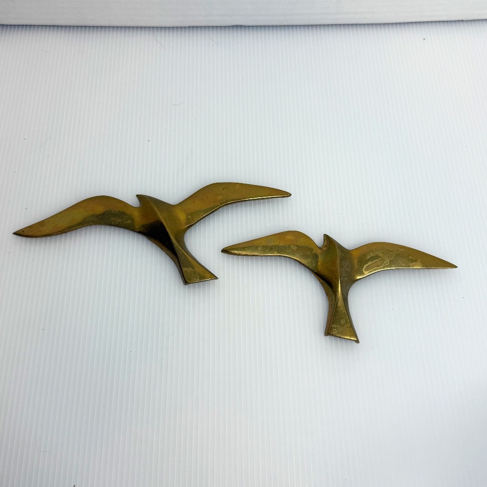 Vintage Brass Flying Seagulls Birds Wall Hanging Set of 2 MCM Made in India